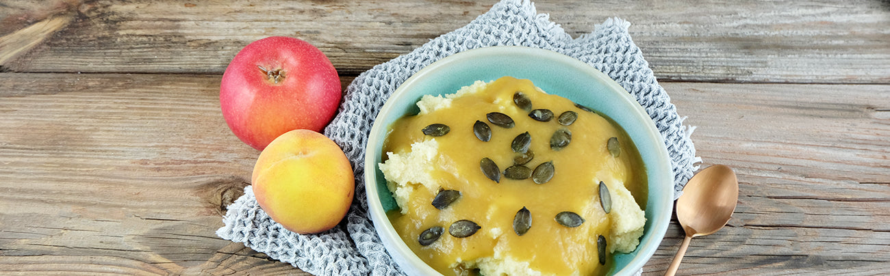 Hirse-Griessbrei mit Apfel-Pfirsich-Mark – HistaFood Hirse-Griessbrei mit Apfel-Pfirsich-Mark – HistaFood